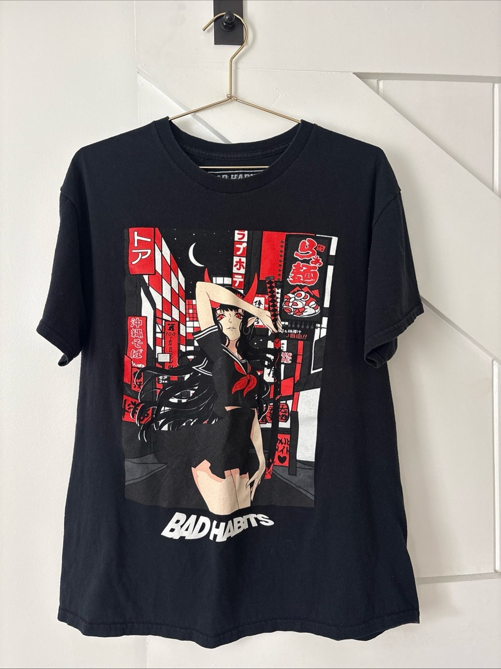 Bad Habits Anime Style Devil Samurai Black Short Sleeve T-Shirt Size Large